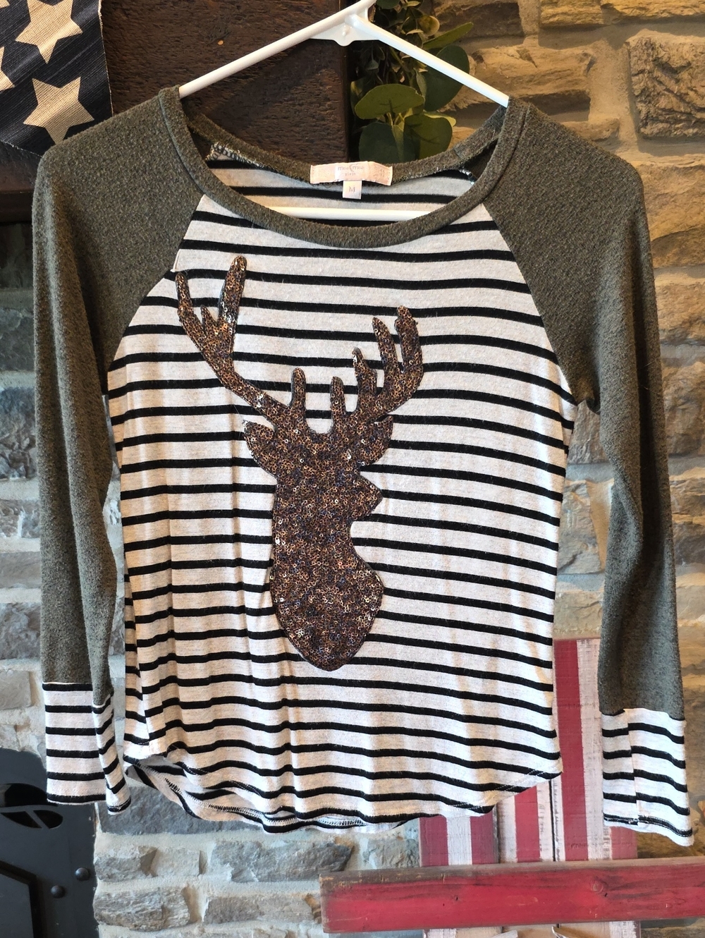 Moa Moa Girls Size Med Olive Raglan Striped Long-Sleeve Top with Sequin Deer
